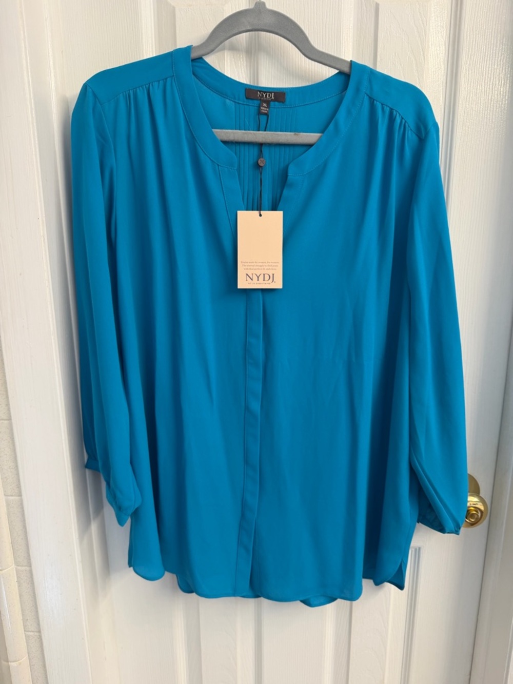 NYDJ Women's Turquoise Blue Blouse - Scoop Neck Long Sleeve